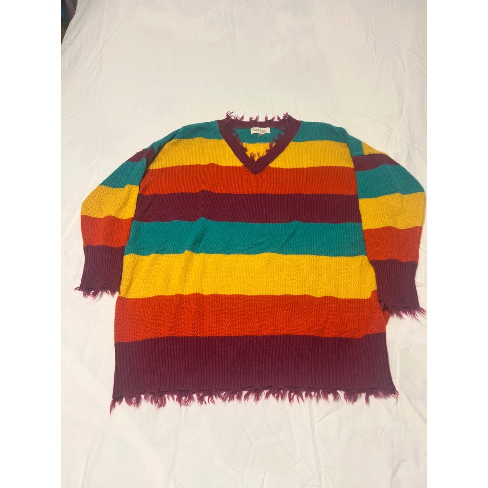 Peach Love California Womens Oversized Distressed Striped V-Neck Sweater Small